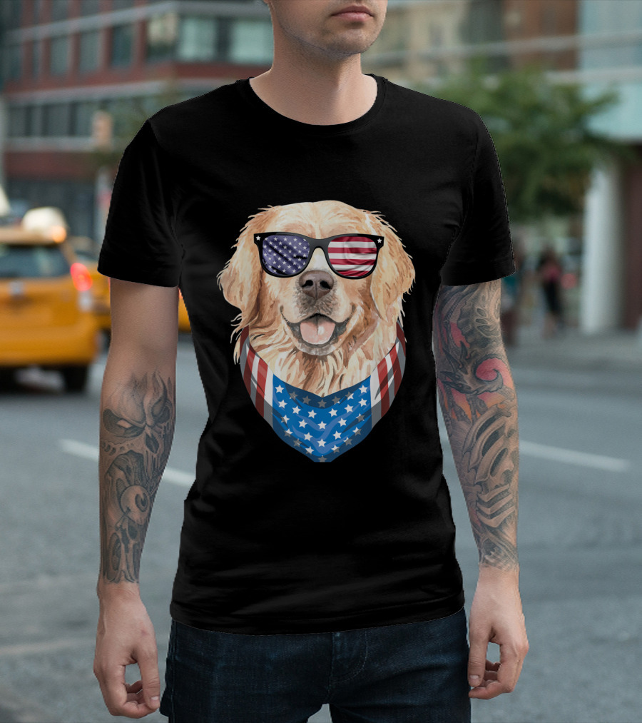 Patriotic Dog with American Flag Bandana and Sunglasses Fourth of July T-Shirt