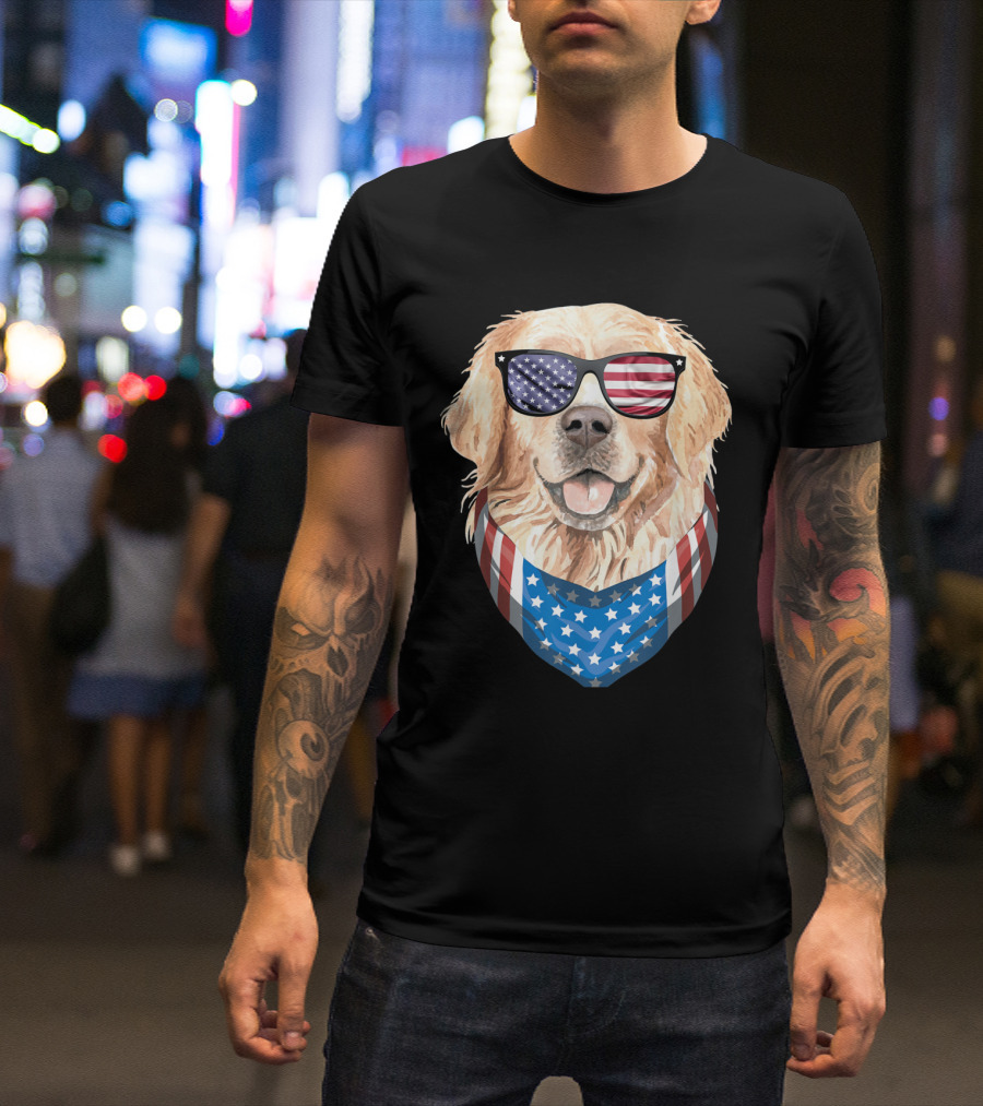 Patriotic Dog With American Flag Bandana And Sunglasses Fourth Of July T-Shirt