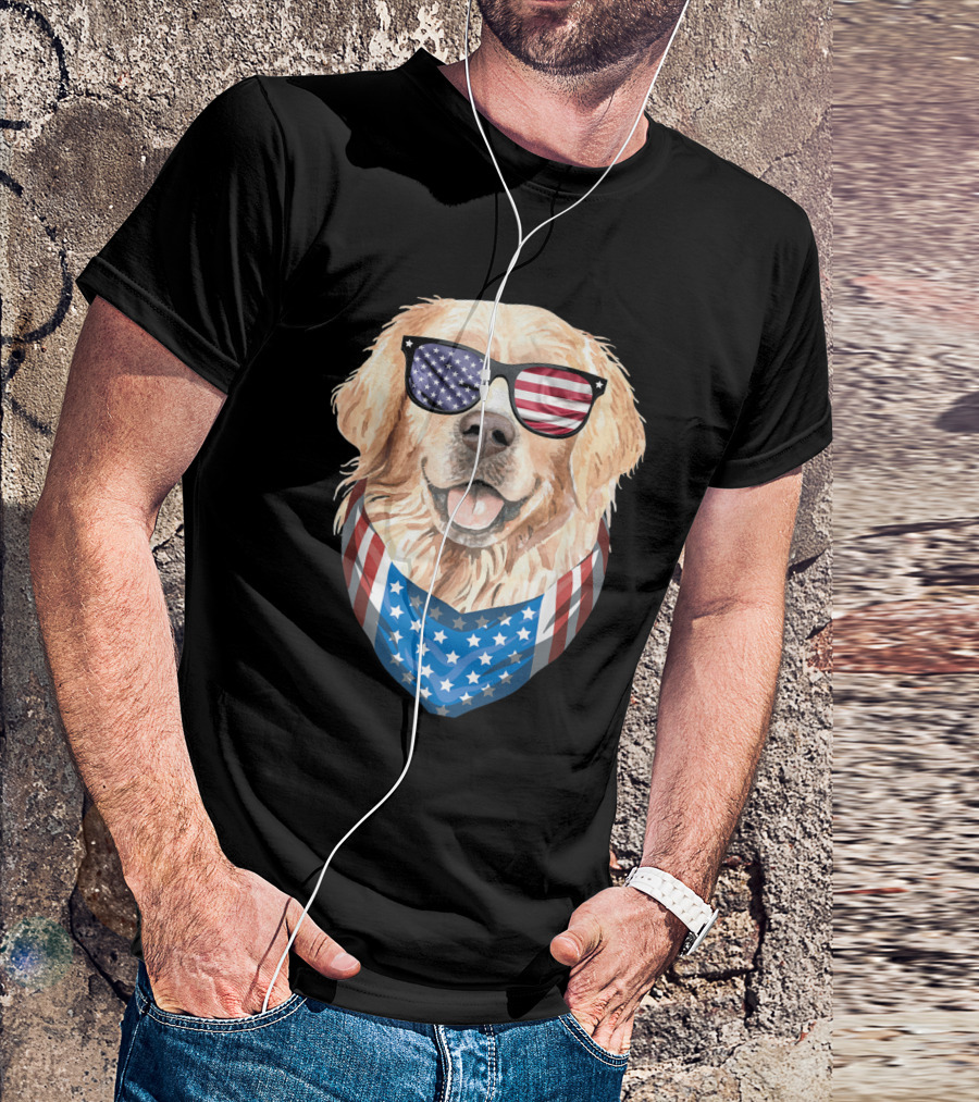 Patriotic Dog With American Flag Bandana And Sunglasses Fourth Of July T-Shirt