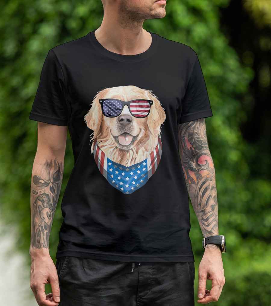 Patriotic Dog With American Flag Bandana And Sunglasses Fourth Of July T-Shirt