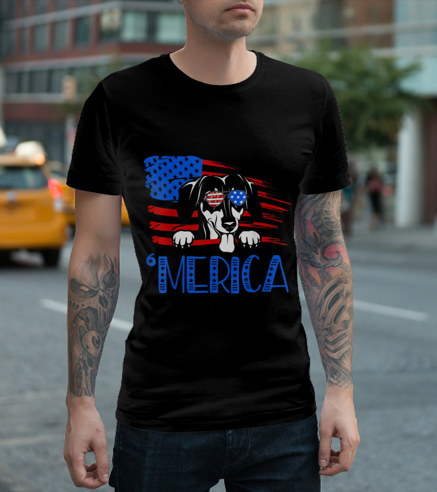 Merica Dachshund with American Flag Sunglasses 4th of July T-Shirt