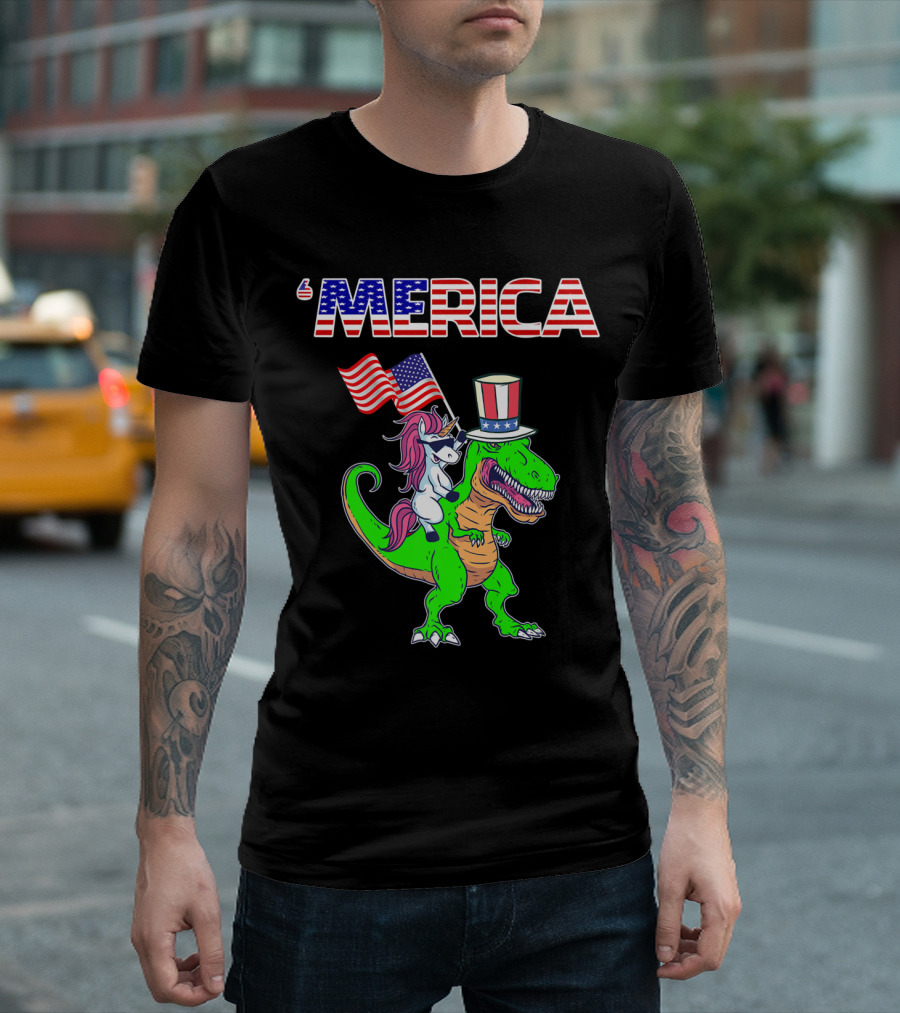 Merica Dinosaur Patriotic Unicorn With American Flag 4th Of July T-Shirt