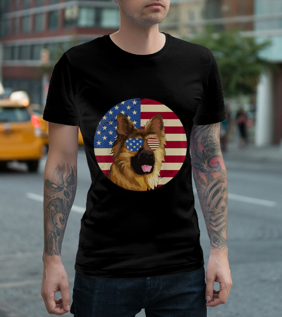 4th Of July Dog American Flag German Shepherd Wearing Patriotic Sunglasses T-Shirt