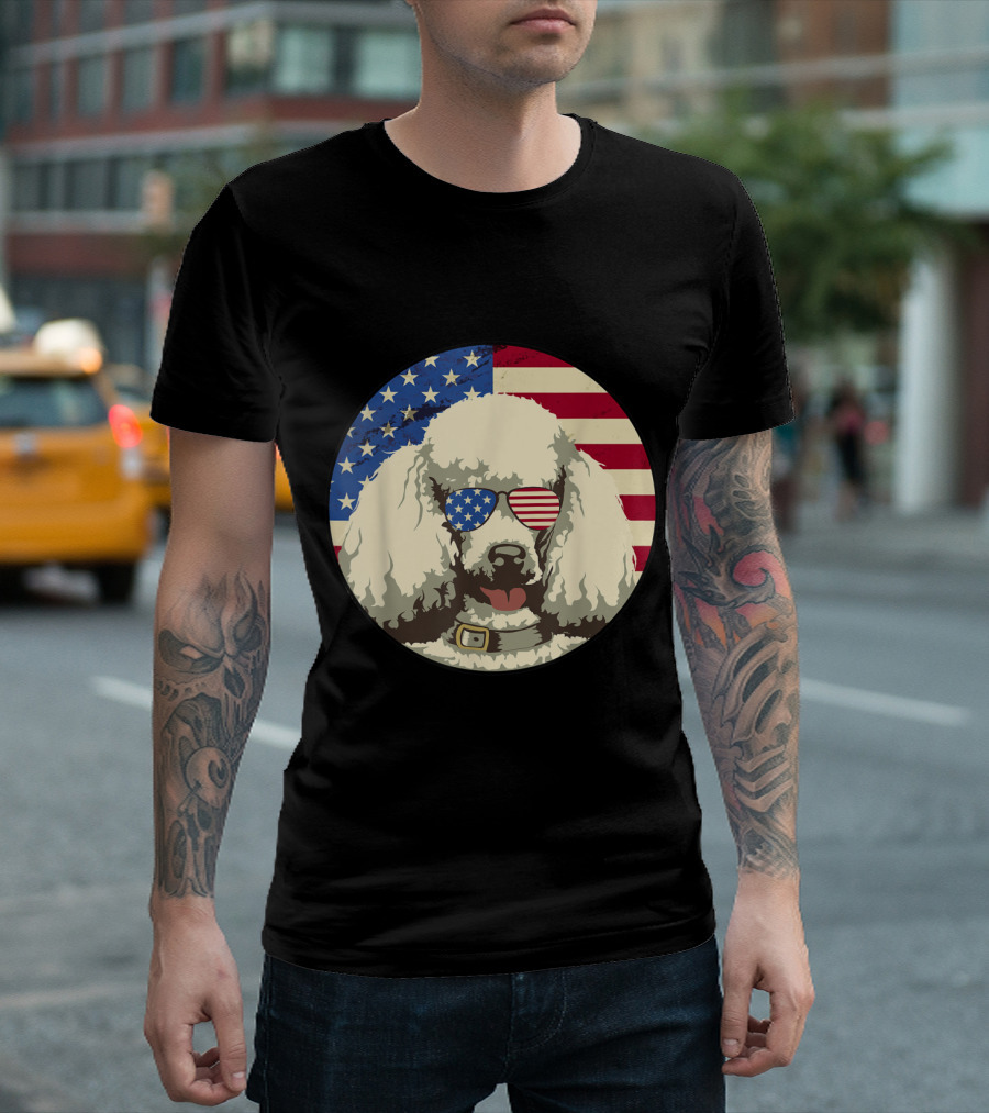 Poodle Wearing American Flag Sunglasses 4th Of July Dog With USA Flag Background T-Shirt