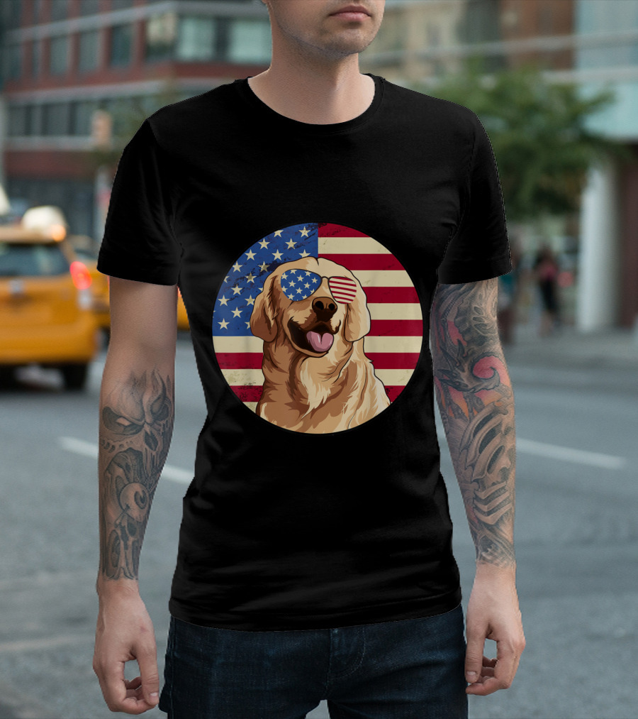 Patriotic 4th of July Golden Retriever with American Flag Sunglasses T-Shirt