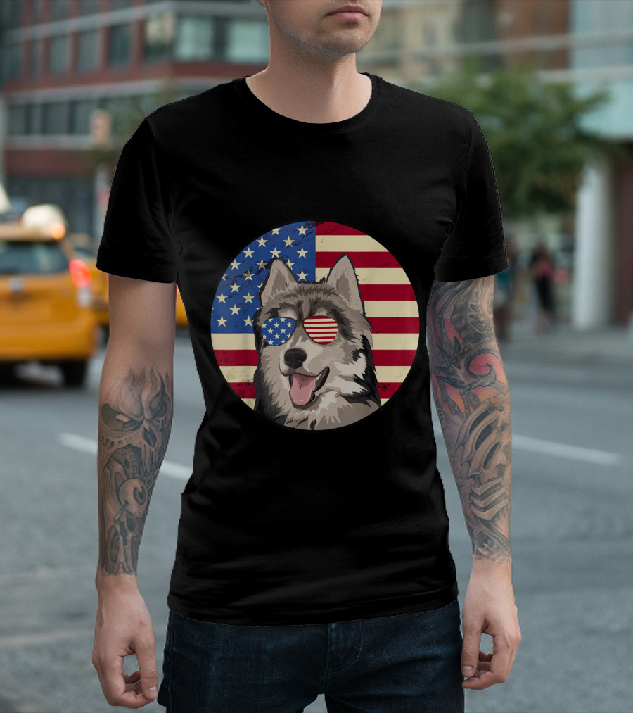 4th Of July Siberian Husky with American Flag Sunglasses T-Shirt