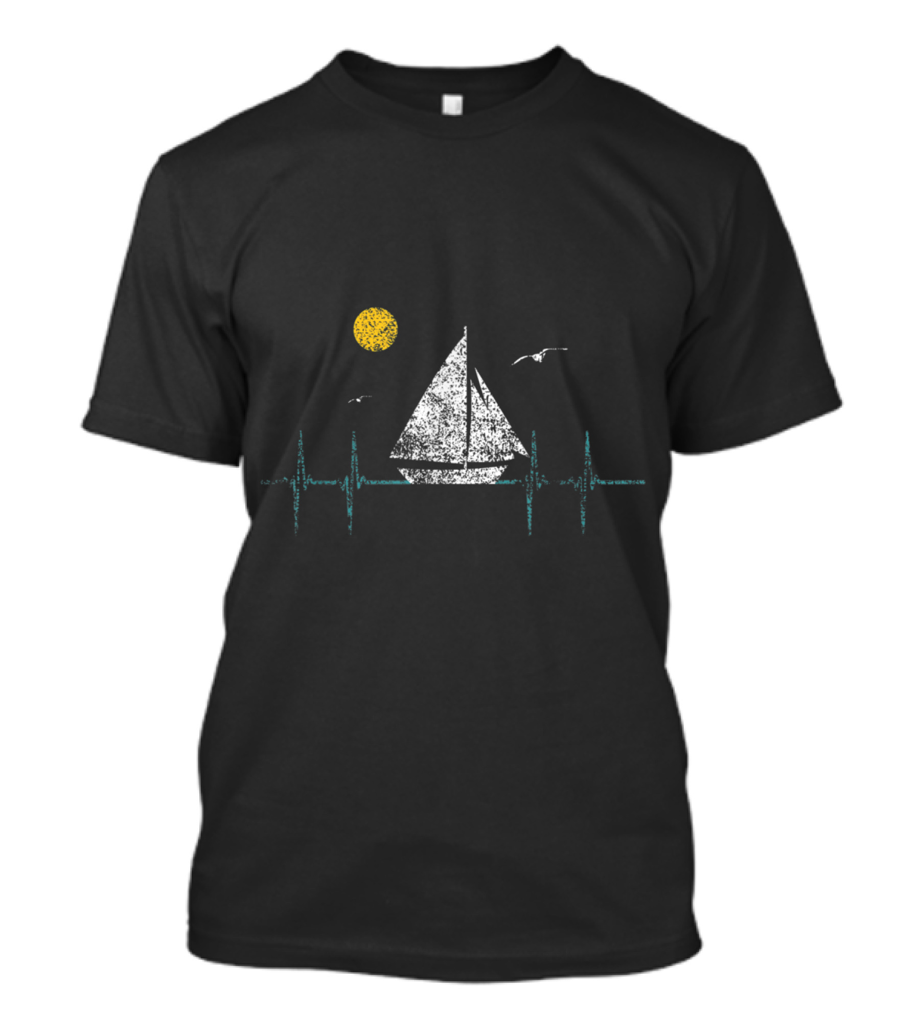 Heartbeat Sailboat Sailing Distressed Sun And Seagulls T-Shirt