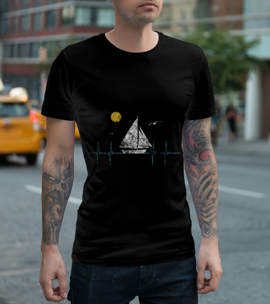 Heartbeat Sailboat Sailing Distressed Sun And Seagulls T-Shirt