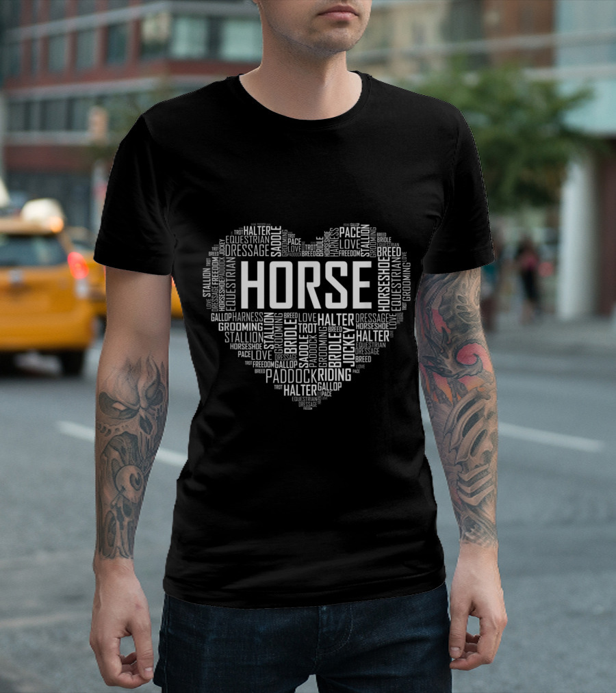 Equestrian Lover Heart Word Art with Horse Riding and Grooming Terms T-Shirt