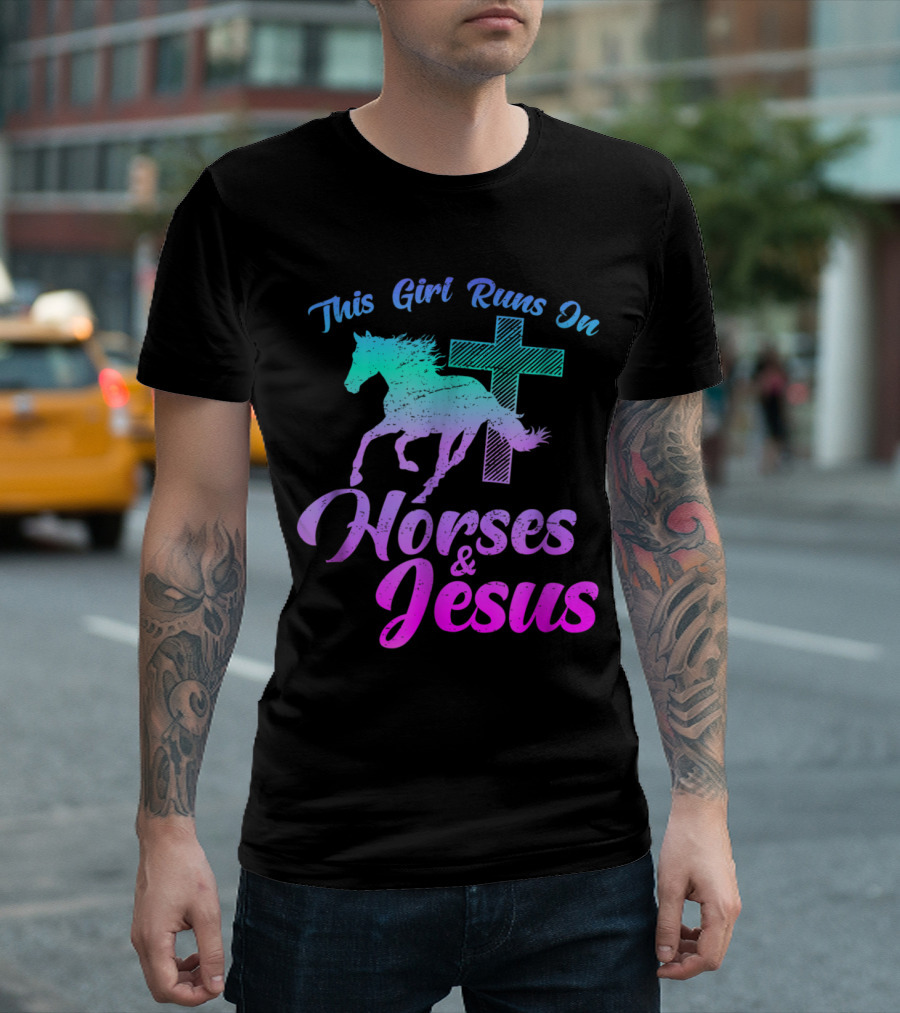 This Girl Runs on Horses and Jesus Christian Faith Equestrian T-Shirt