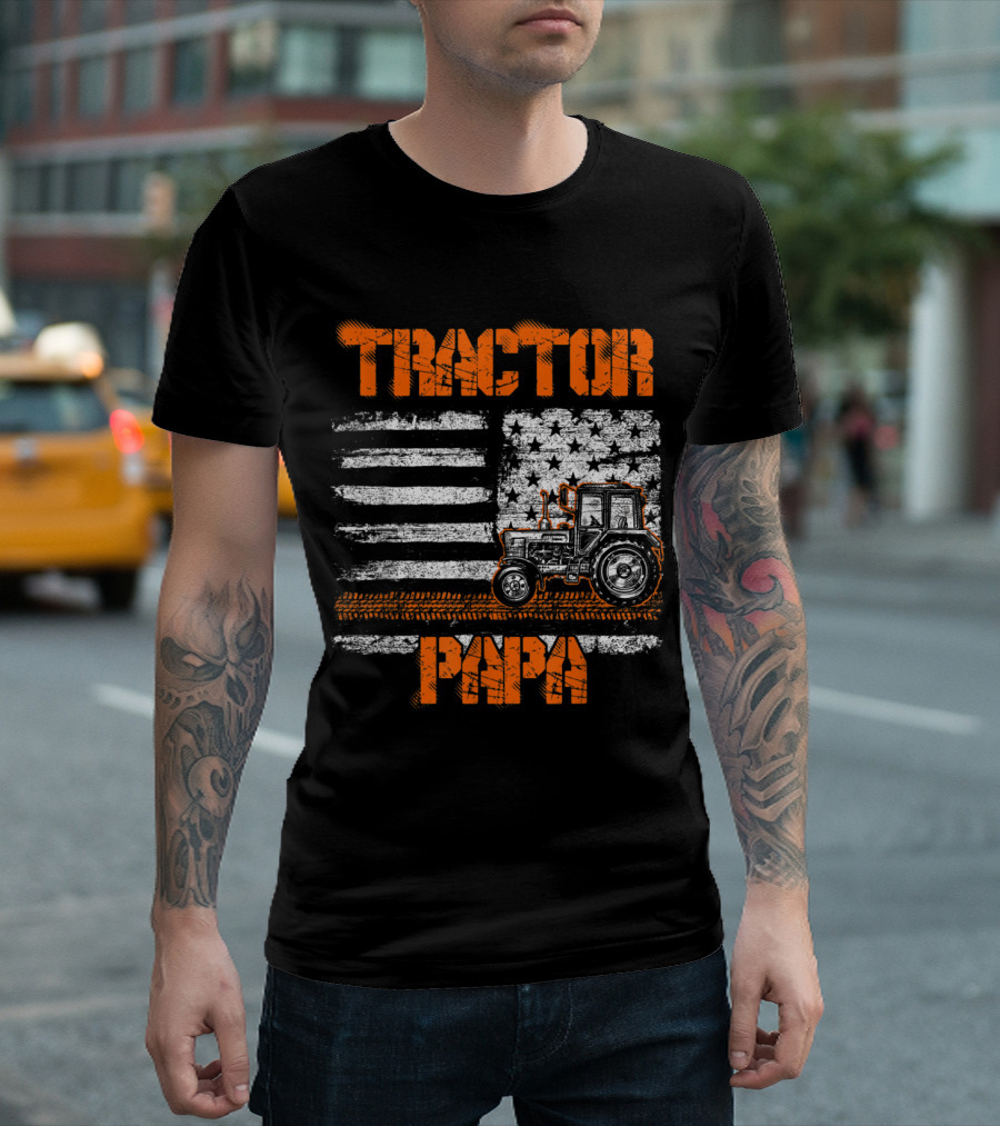Patriotic Distressed Tractor Papa American Flag Father's Day T-Shirt