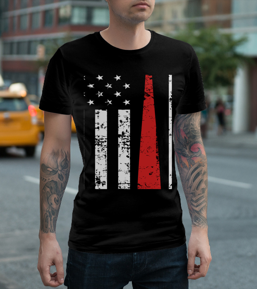 Distressed USA Flag Vertical Stripes Black and White with Red Baseball Fan T-Shirt