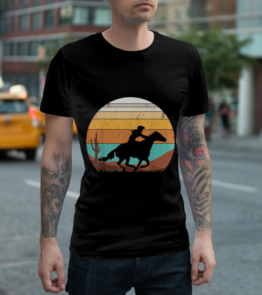 Vintage Horse Riding Silhouette Desert Sunset T-Shirt