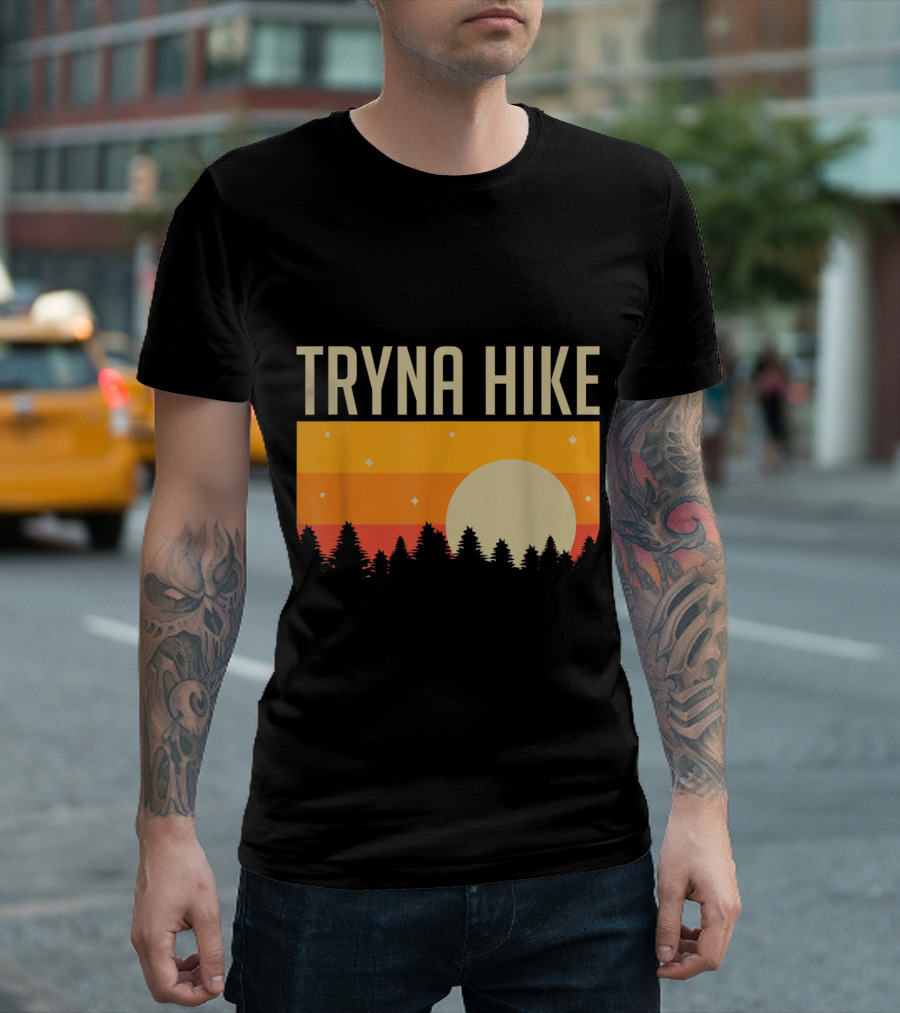Tryna Hike Sunset Silhouette Funny Outdoors Forest Scene T-Shirt