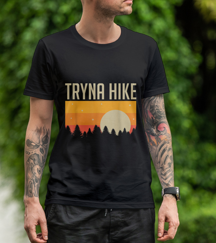 Tryna Hike Sunset Silhouette Funny Outdoors Forest Scene T-Shirt