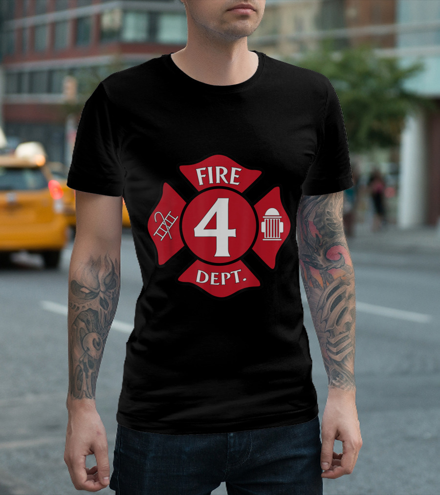 Fireman Birthday Boy 4 Fire Dept Badge Hydrant Ladder Emblem T-Shirt