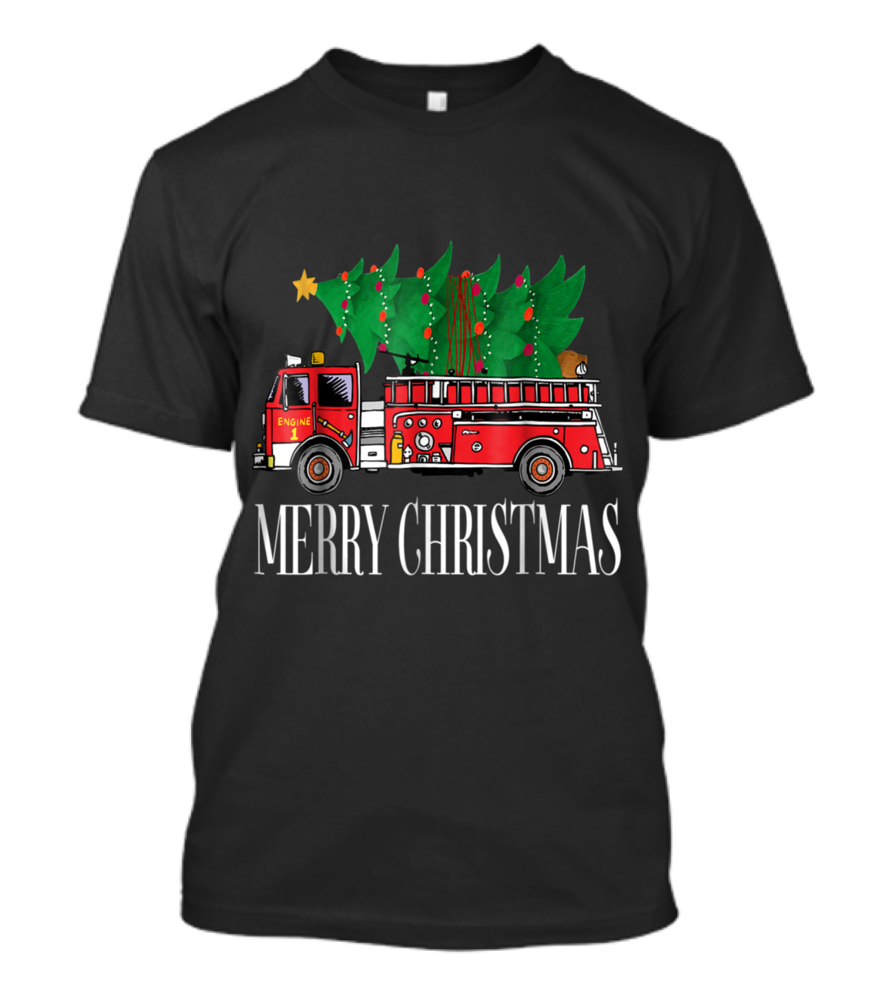 Firetruck Sleigh With Christmas Tree And Merry Christmas Message T-Shirt