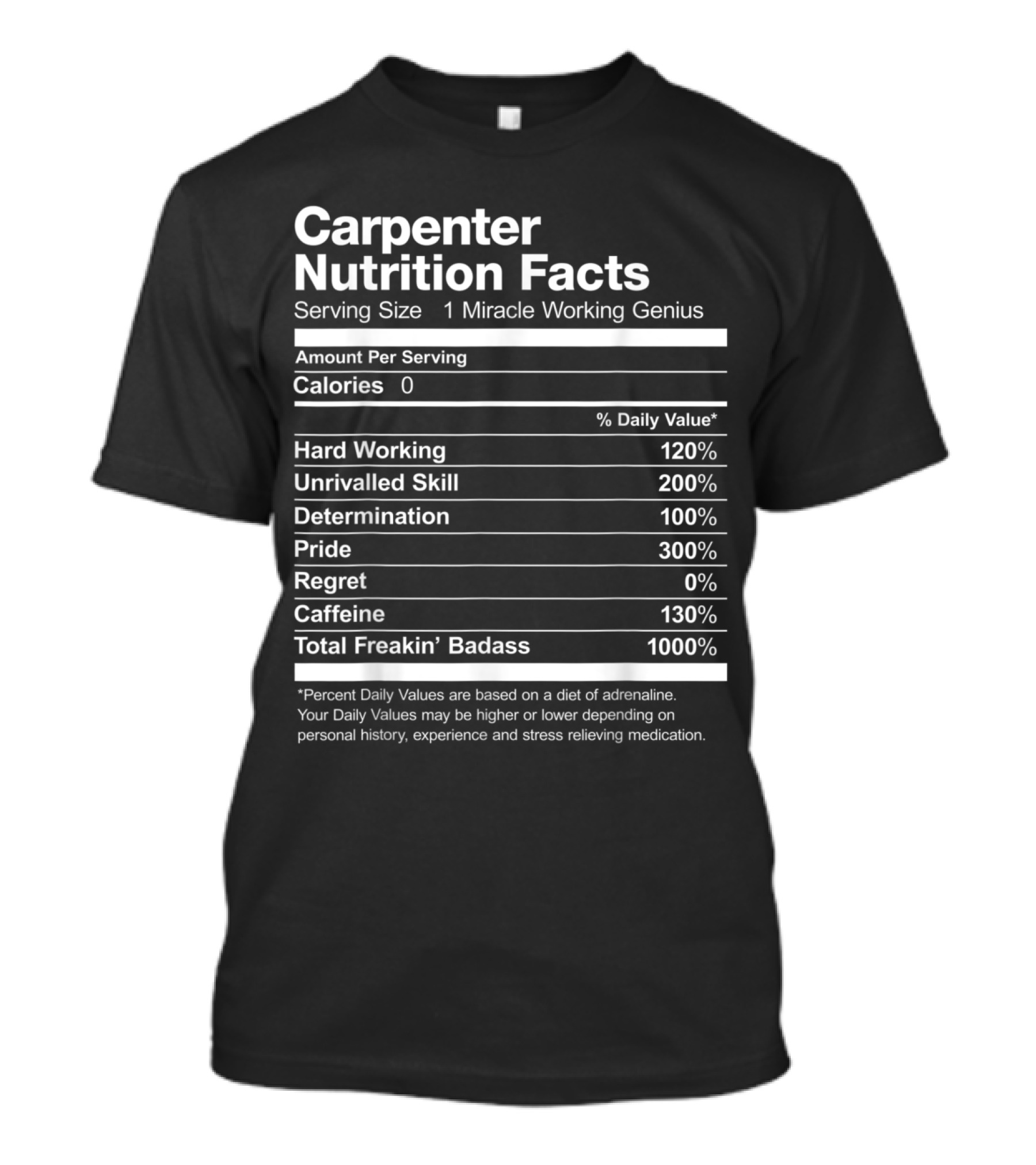Hard Working Carpenter Nutrition Facts Miracle Working Genius Percent Daily Values T-Shirt
