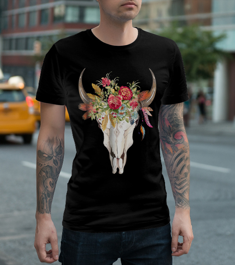 Hippie Boho Cow Skull With Floral Headdress And Feathers T-Shirt