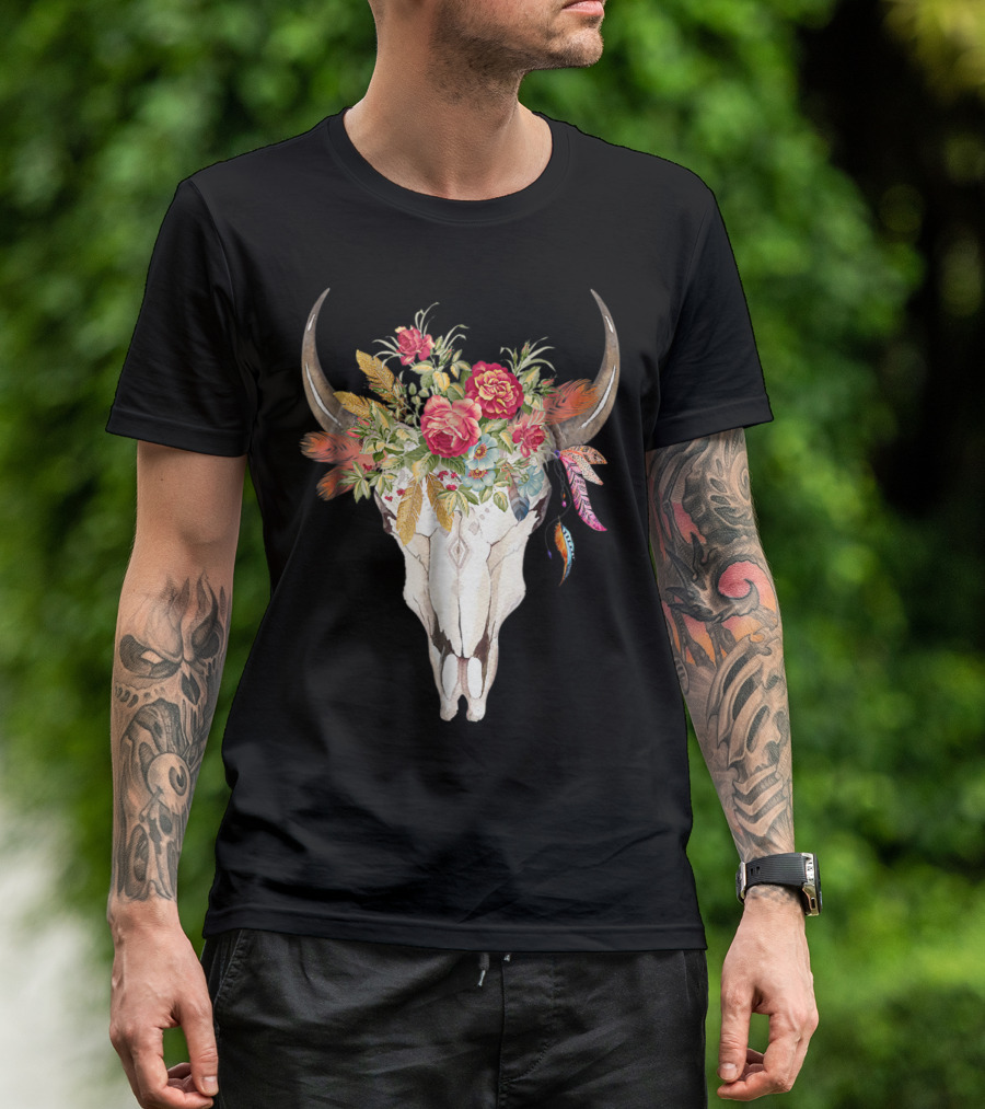 Hippie Boho Cow Skull With Floral Headdress And Feathers T-Shirt