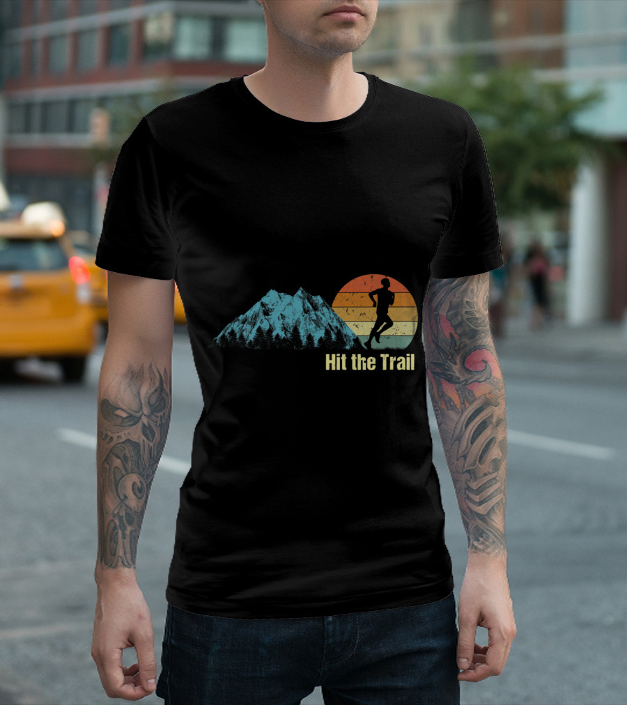 Retro Mountain Running Motivation Hit the Trail Silhouette with Sunset T-Shirt