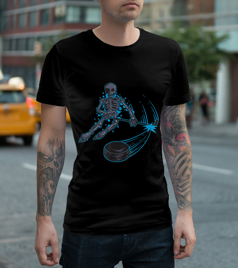 Skeleton Ice Hockey Player with Stick and Puck in Action T-Shirt