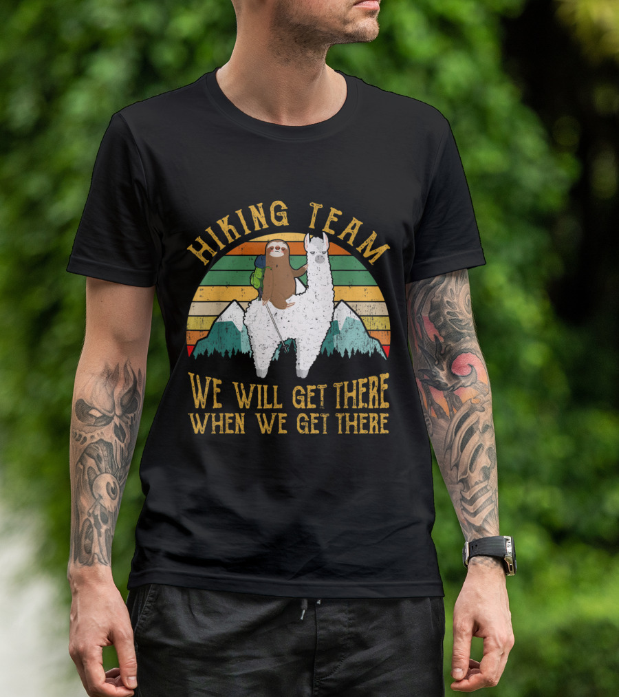 Sloth Riding Llama Hiking Team We Will Get There When We Get There Retro Mountains T-Shirt