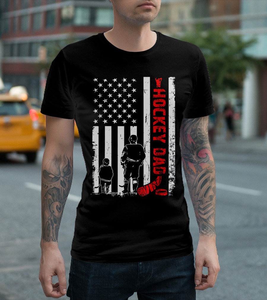 Hockey Dad American Flag Hockey Player And Child T-Shirt