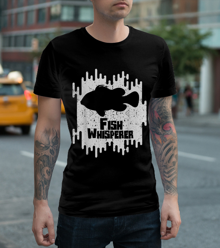 Fish Whisperer Silhouette In Bold Text With White Splatter Background T-Shirt