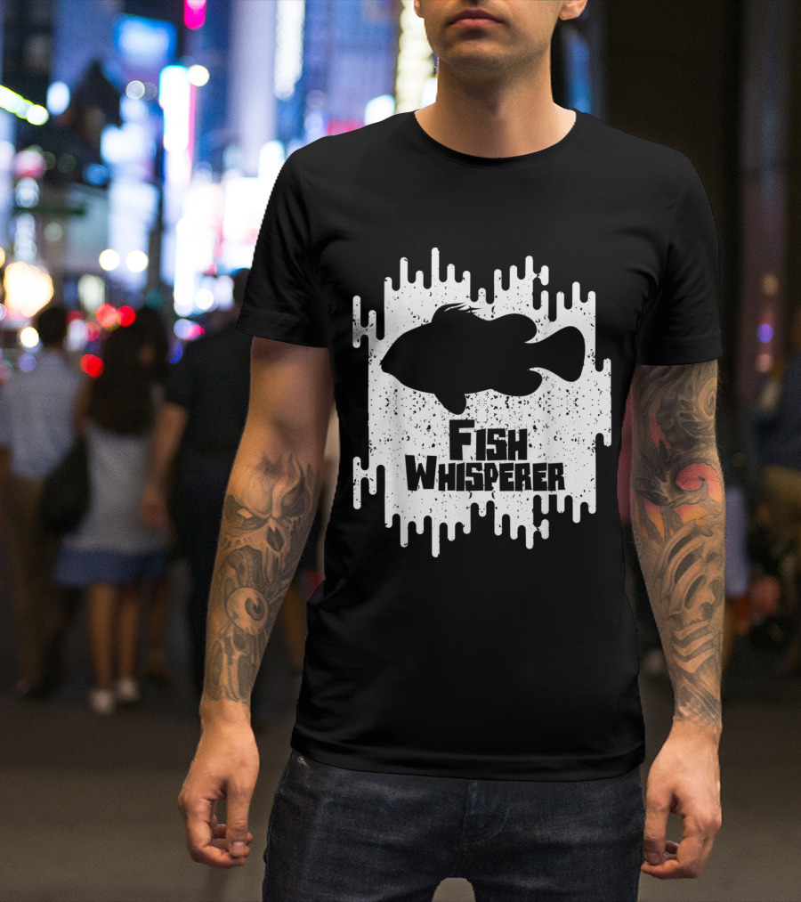 Fish Whisperer Silhouette In Bold Text With White Splatter Background T-Shirt