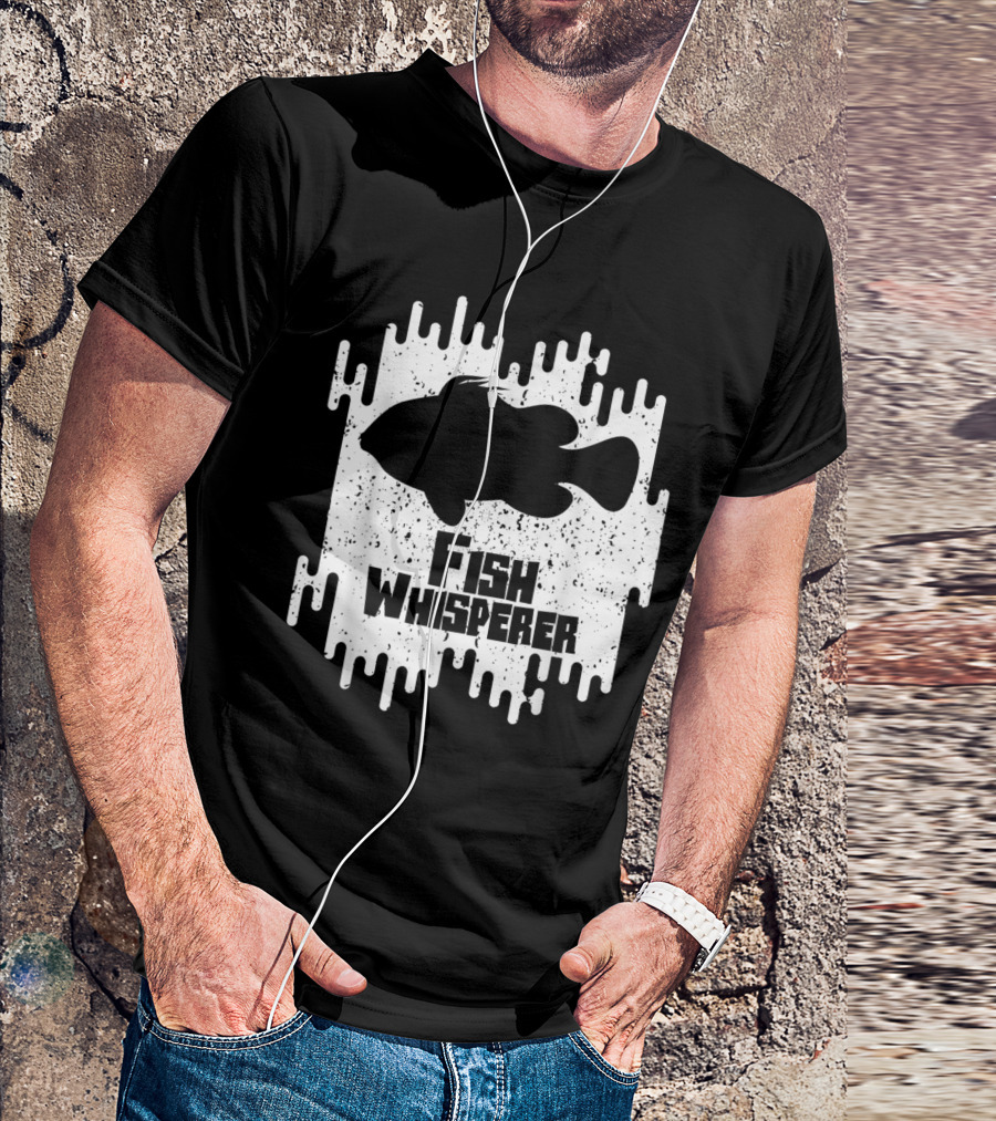 Fish Whisperer Silhouette In Bold Text With White Splatter Background T-Shirt