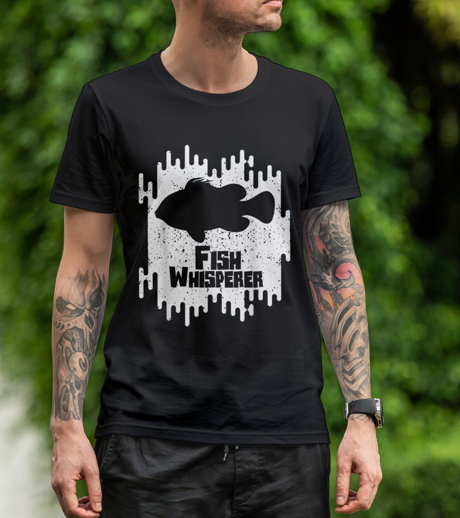 Fish Whisperer Silhouette In Bold Text With White Splatter Background T-Shirt