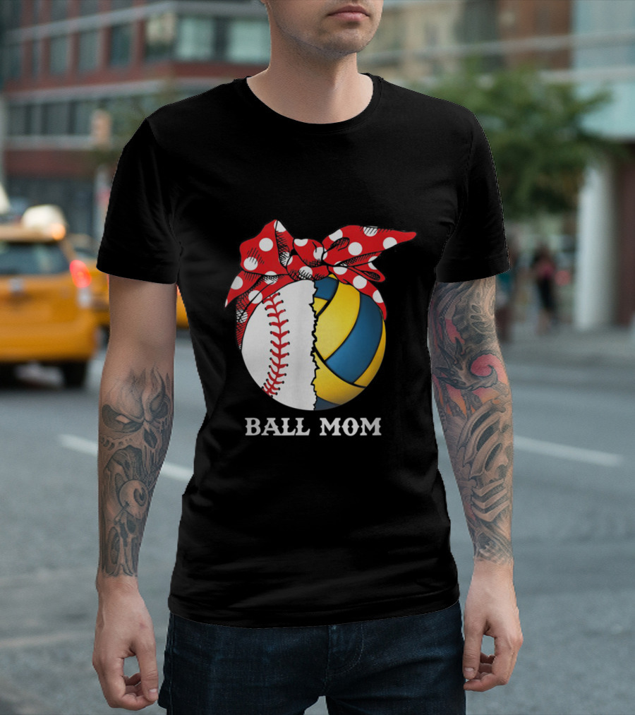 Ball Mom Funny Softball Volleyball Red Polka Dot Bow T-Shirt