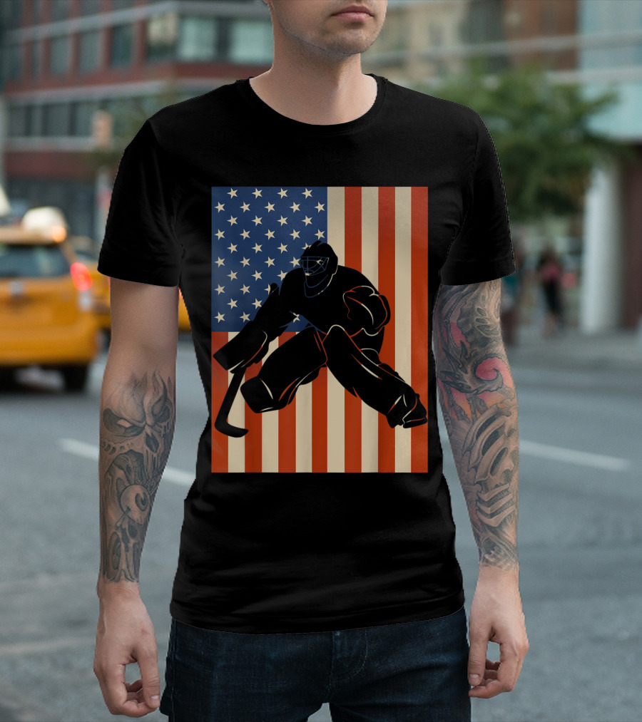Hockey Goalie Silhouette with American Flag Background USA T-Shirt
