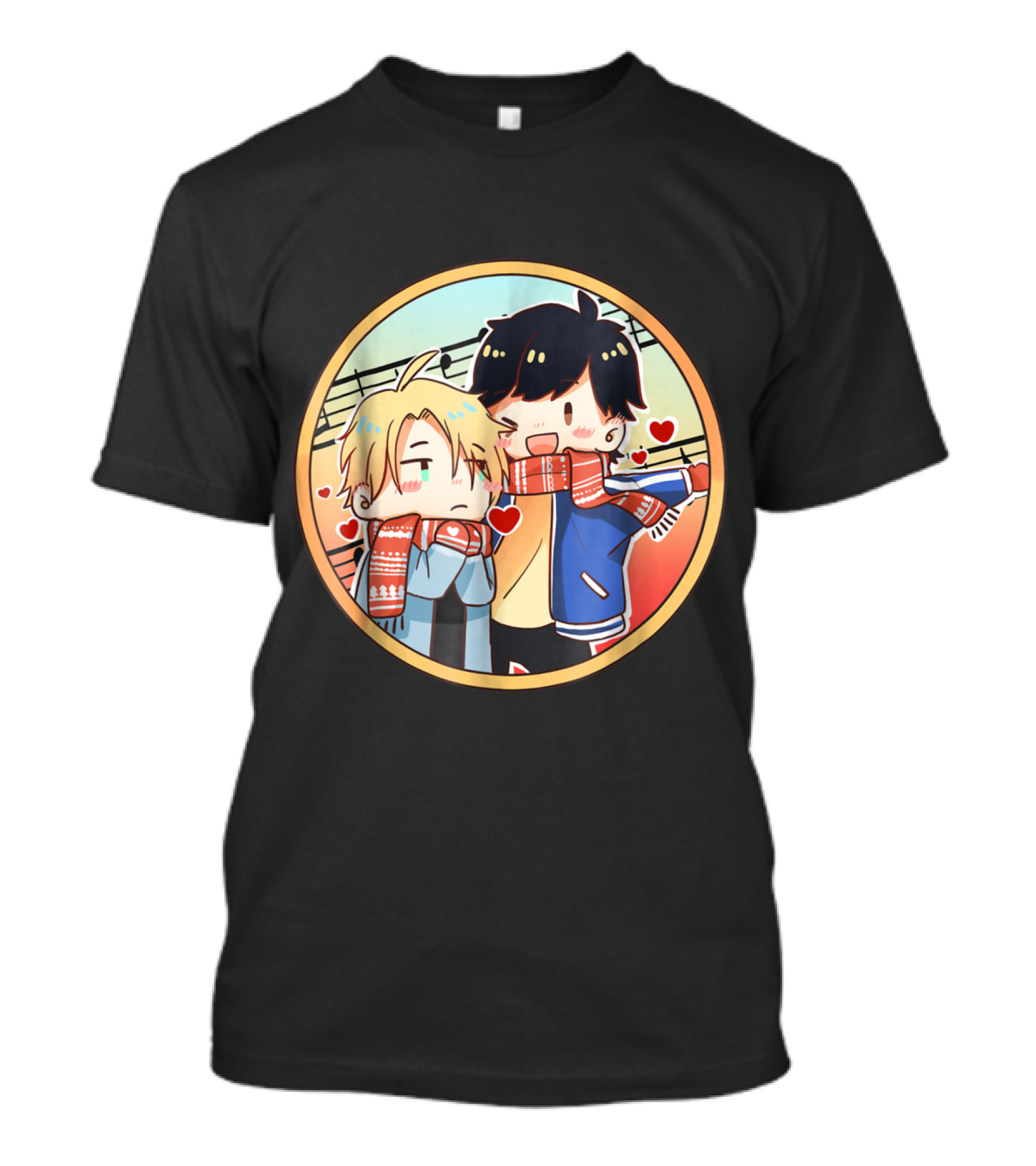 Banana Fish Anime Eiji Ash Lynx Chibi Art With Scarves And Hearts T-Shirt