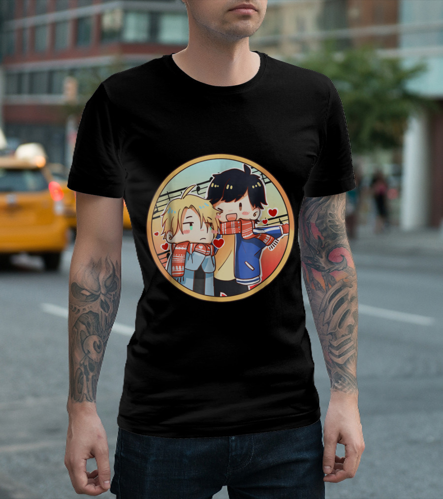 Banana Fish Anime Eiji Ash Lynx Chibi Art With Scarves And Hearts T-Shirt