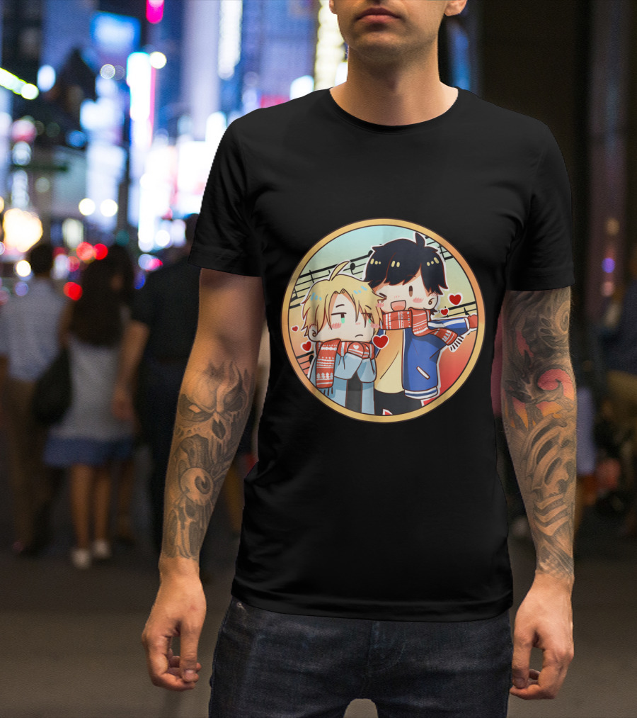 Banana Fish Anime Eiji Ash Lynx Chibi Art With Scarves And Hearts T-Shirt