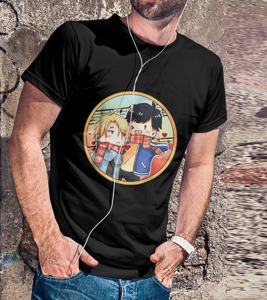 Banana Fish Anime Eiji Ash Lynx Chibi Art With Scarves And Hearts T-Shirt