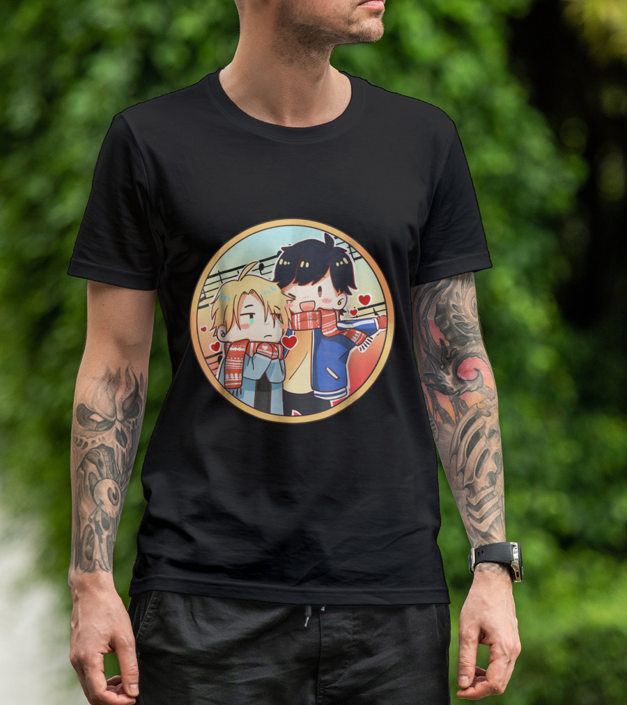 Banana Fish Anime Eiji Ash Lynx Chibi Art With Scarves And Hearts T-Shirt