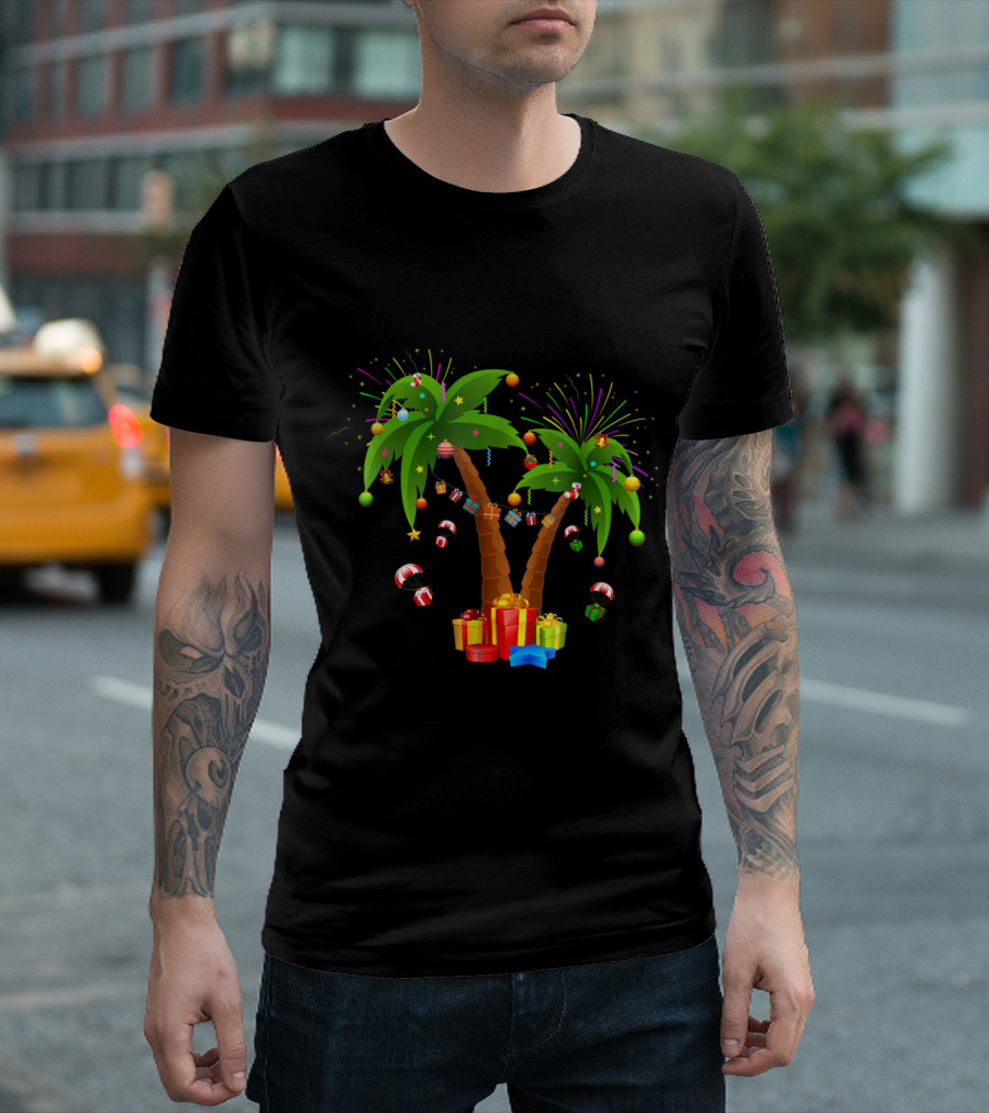 Christmas Palm Tree Festive Ornaments Fireworks And Holiday Gifts T-Shirt