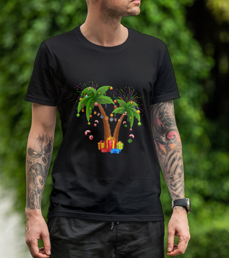 Christmas Palm Tree Festive Ornaments Fireworks And Holiday Gifts T-Shirt