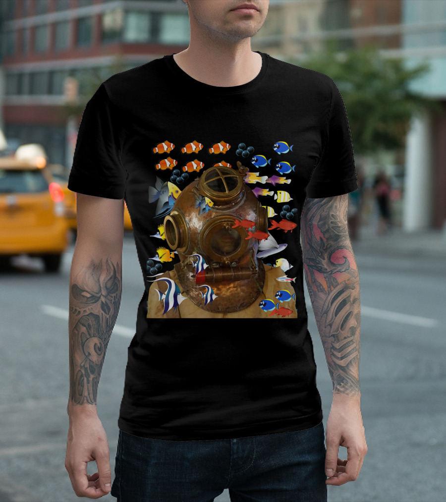 Deep Sea Diver Helmet with Colorful Tropical Fish Surrounding Underwater Scene T-Shirt