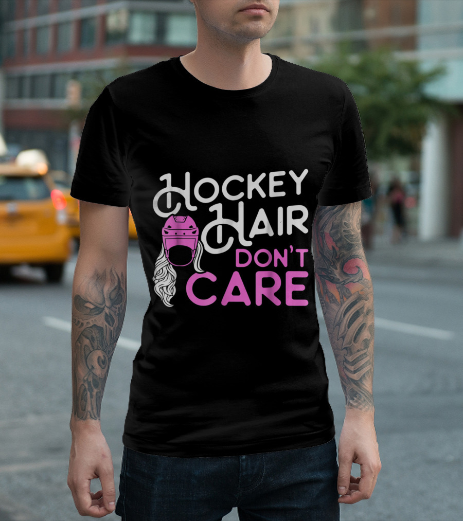 Hockey Hair Don't Care Funny Hockey Pink Helmet T-Shirt