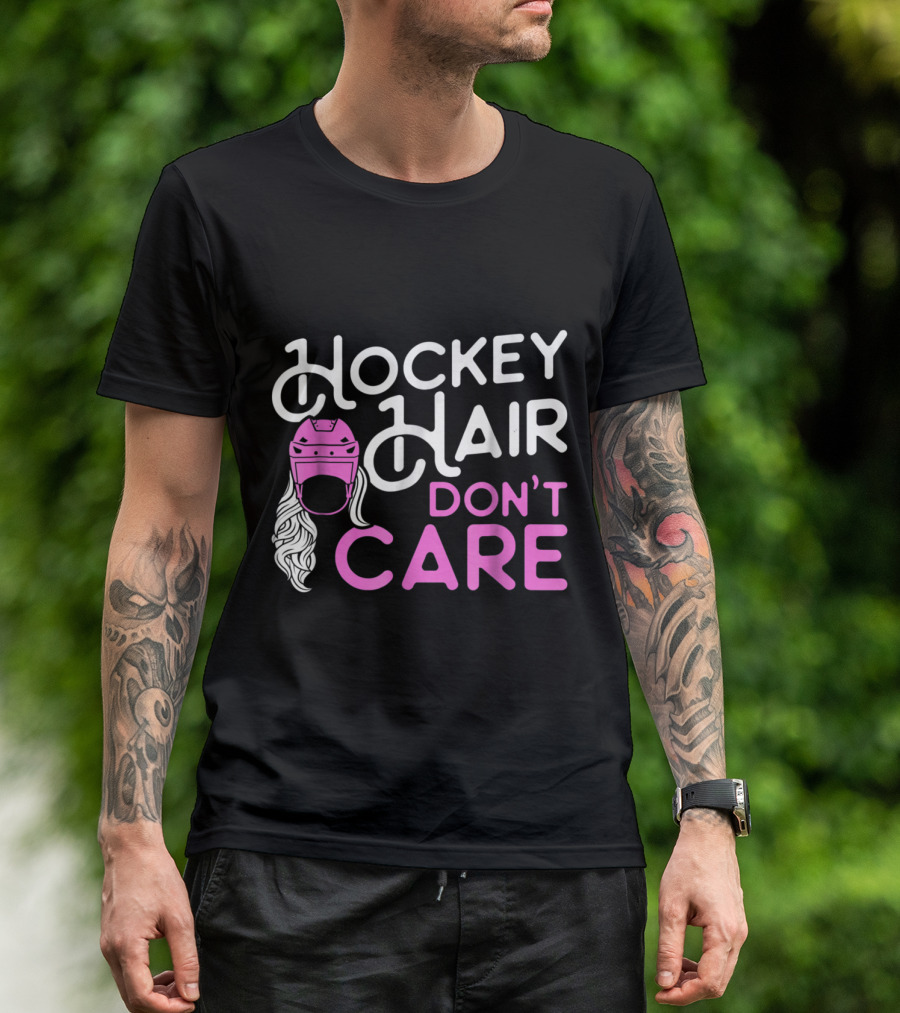 Hockey Hair Don't Care Funny Hockey Pink Helmet T-Shirt