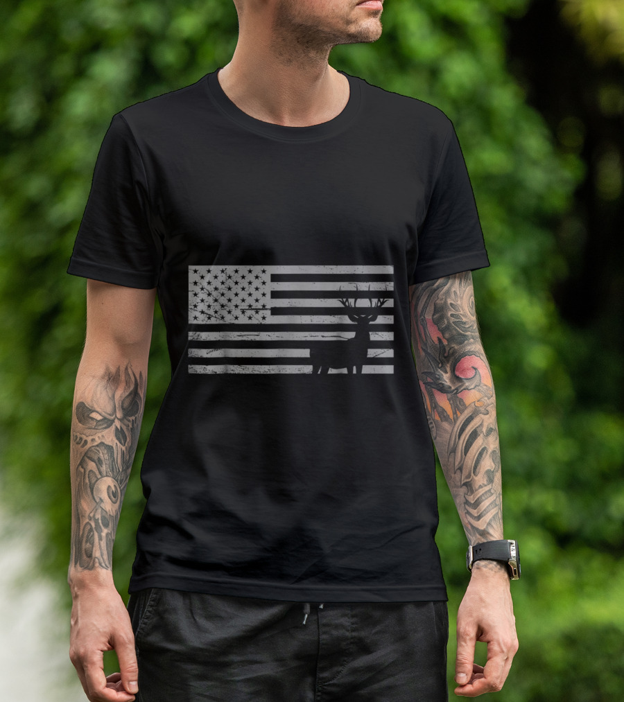 American Flag With Deer Silhouette Hunting T-Shirt