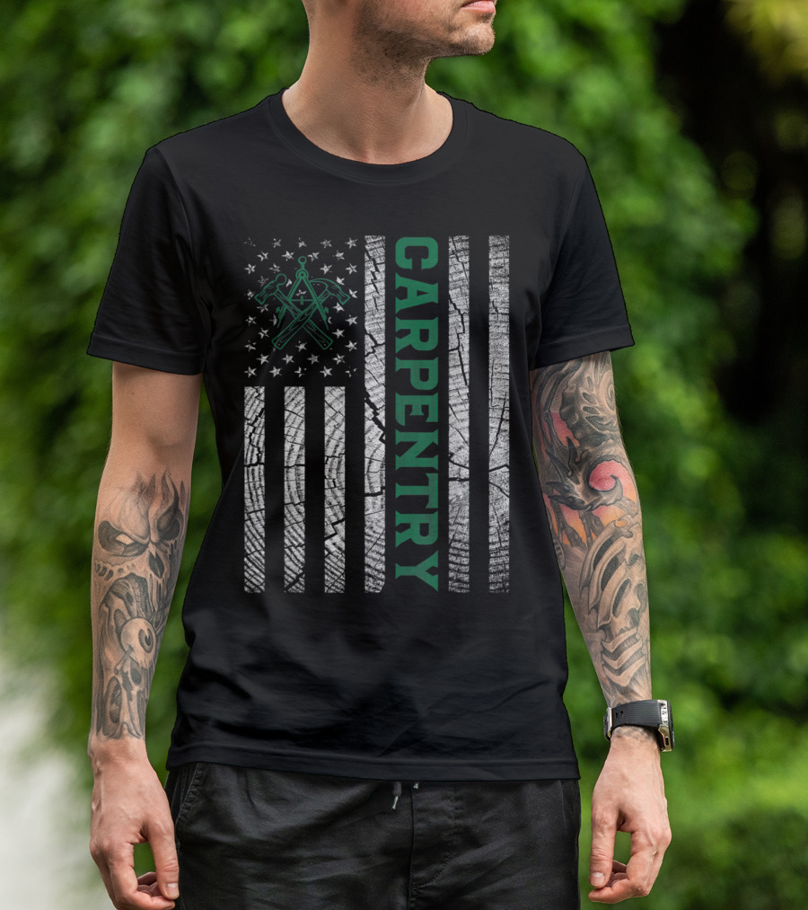 Carpentry Tools American Flag With Green Vertical Text And Tools T-Shirt