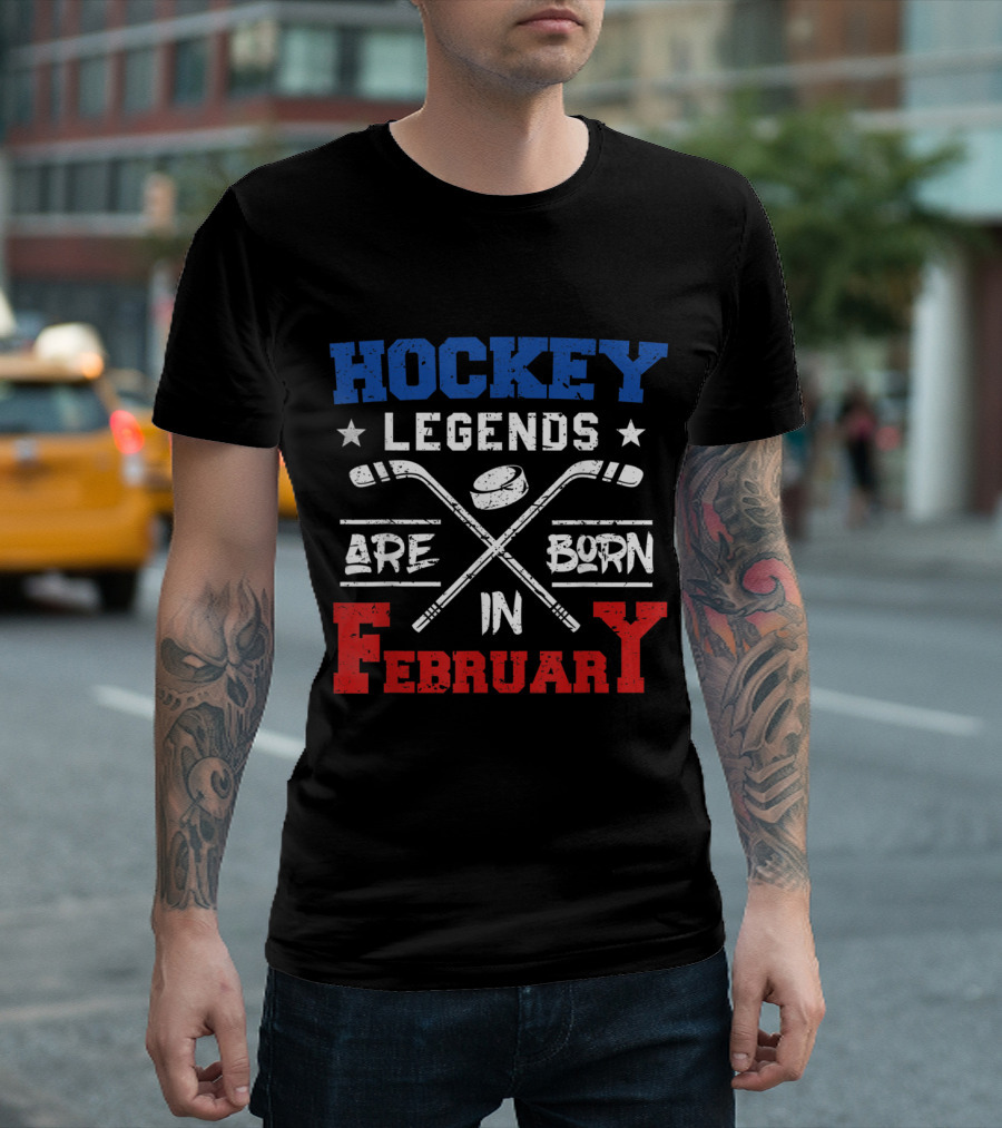 Hockey Legends Are Born In February Stars Crossed Sticks Puck T-Shirt