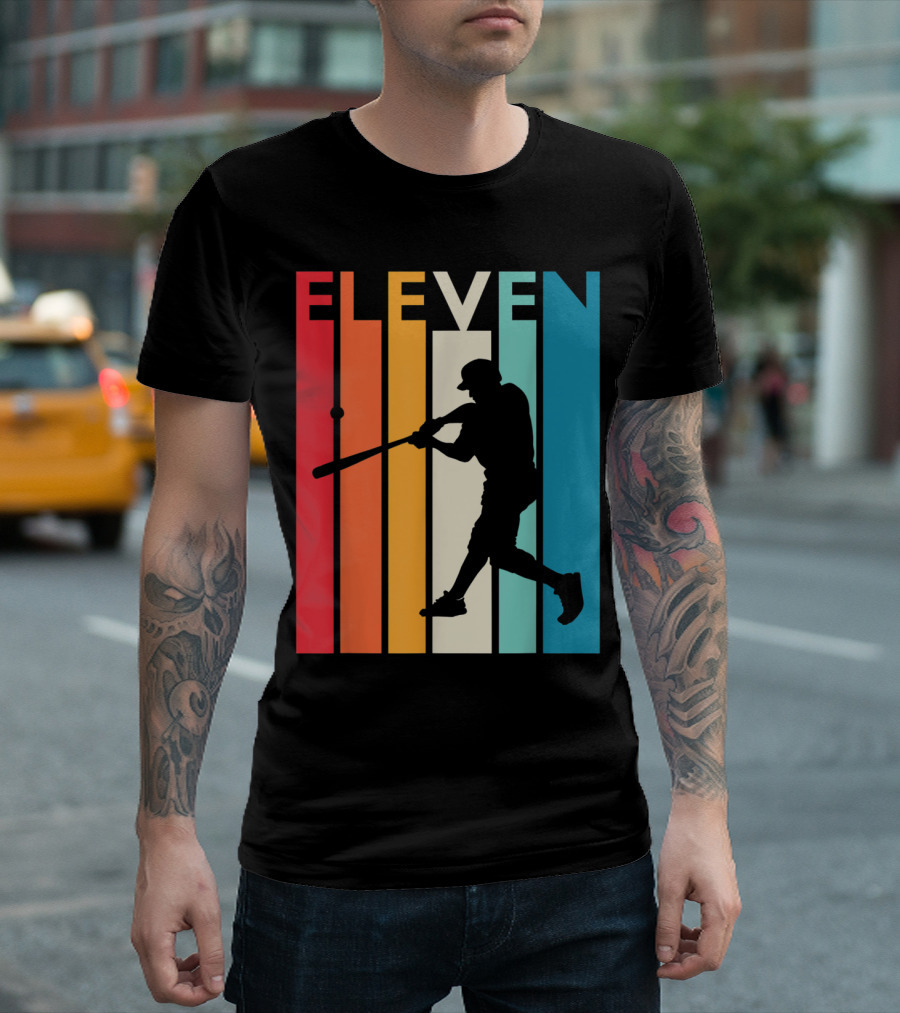 Eleven Birthday Rainbow Baseball Silhouette Retro Stripes T-Shirt