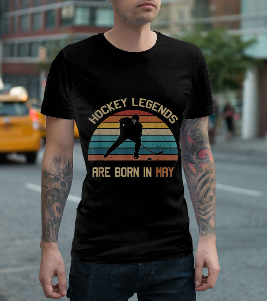 Hockey Legends Are Born In May Vintage Ice Retro Striped Hockey Player T-Shirt