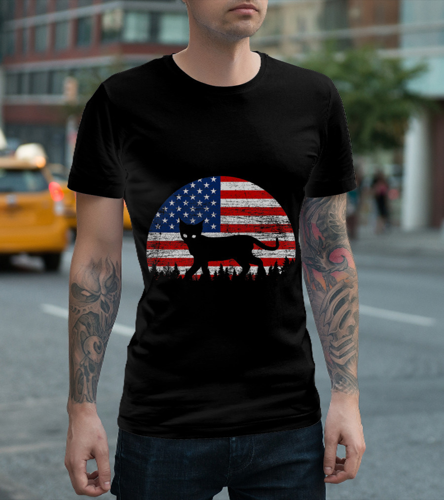 American Flag Cat Silhouette USA Patriotic Kitty T-Shirt